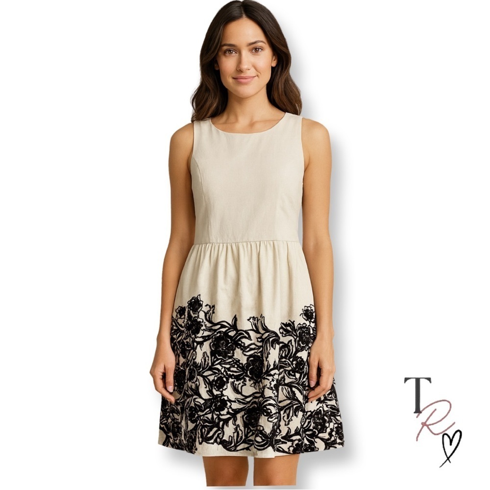 Ann Taylor LOFT Beige & Black Floral Skirt Linen Blend Sleeveless Dress Size 8